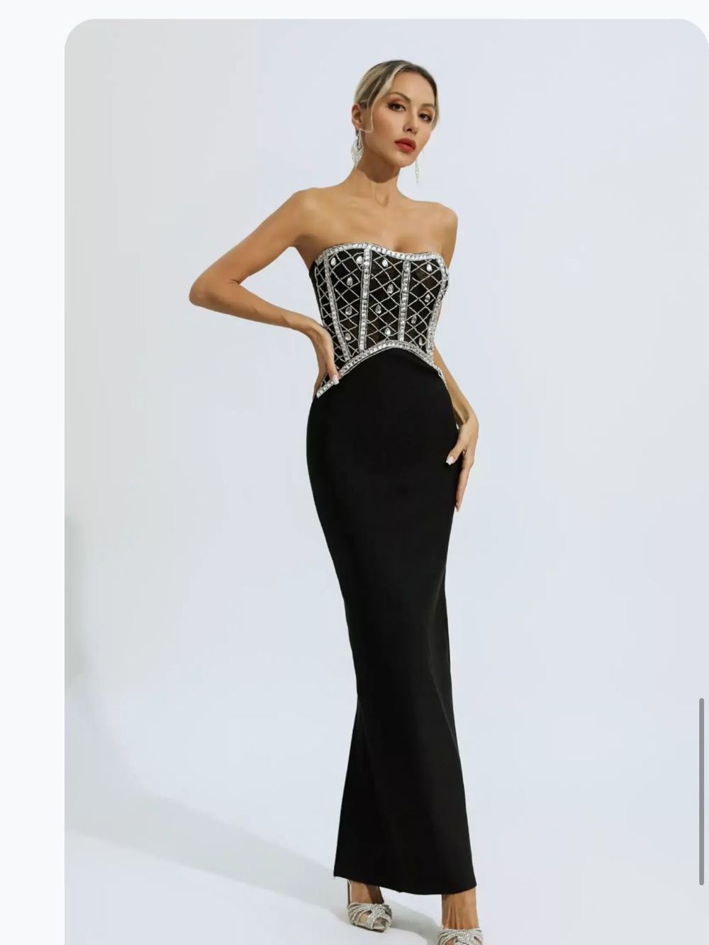 Strapless Black Evening Gown with Embellished Corset
